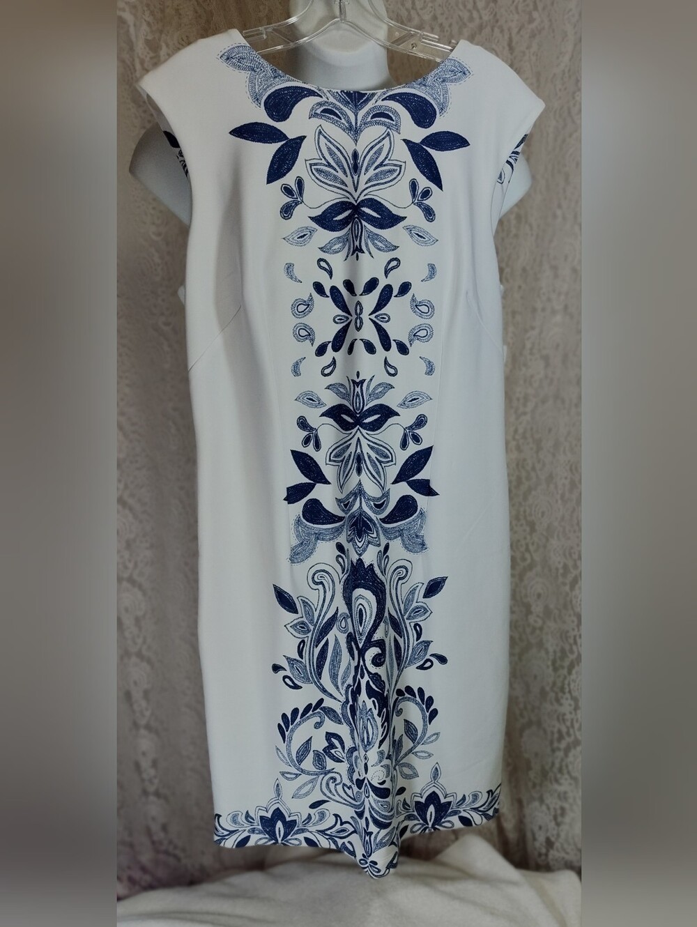 karin stevens White Dress with Navy Floral Panel